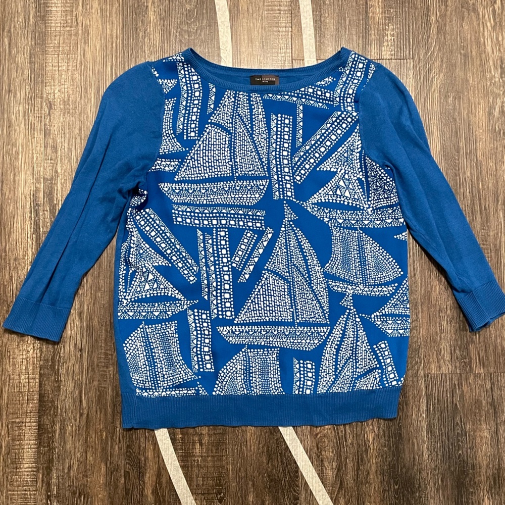 The Limited Blue and White Sailboat Pullover Sweater Shirt XS petite